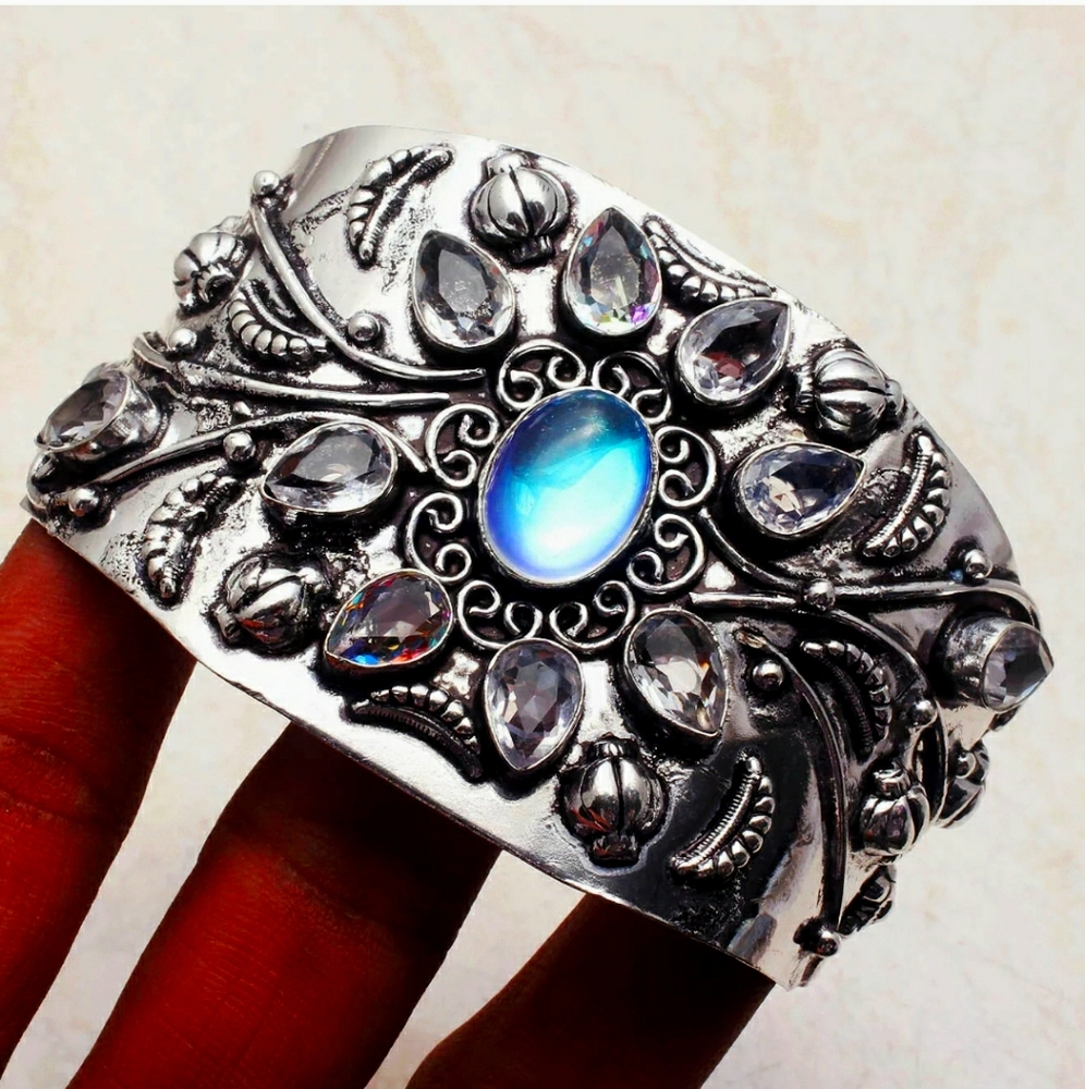 New Huge Rainbow Fire Topaz & White Topaz 925 Silver Cuff Bracelet.